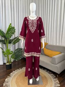 Burgundy Embroidered Kurta for Women Rayon Lace Trim Long <b>Top</b> Casual Party Indian Pakistani Outfit - Product Image 5
