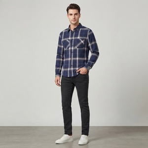 <b>Men's</b> Blue Plaid <b>Flannel</b> <b>Shirt</b> Full Sleeve Button Down Collar Casual Autumn 100% Cotton Long Sleeve <b>Shirts</b> - Product Image 1