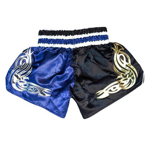 Shorts de boxe Muay Thai bleus avec impression dorée et argentée, broderie à la main, unisexe, pour adultes, vêtements MMA, 100% polyester, légers - Product Image 2