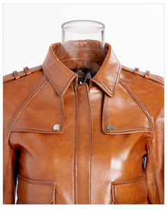 Wholesale Custom Women's Leather Trucker Jacket Brown Leather Jacket Factory Direct Low MOQ Export - Product Image 4