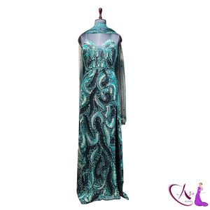 Robe de soirée luxueuse en dentelle turquoise brodée à la main pour femmes |   Robe de soirée et de mariée longue brodée à fines bretelles en tissu naturel transparent - Product Image 4