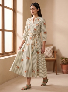 Vestido midi verde salvia a rayas para mujer con motivos florales y cinturón - Product Image 6