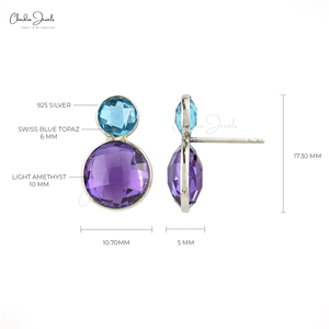 Top Quality 10MM Round Checkercut Amethyst & Swiss Blue Topaz Gemstone Stud <b>Earrings</b> 925 Sterling Silver Handmade <b>Earrings</b> Lot - Product Image 3