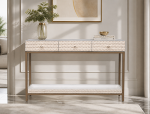 Mesa Consola Moderna Blanca con 3 Cajones, Mesa de Entrada para Sofá, Mueble de Almacenamiento Tejido para Pasillo y Sala de Estar - Product Image 1