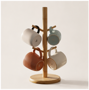 Porte-tasses moderne et écologique en bois naturel avec 6 crochets, support de comptoir robuste fait main pour tasses à café, organisateur de cuisine - Product Image 3