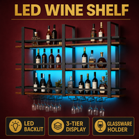 Porte-bouteilles mural avec éclairage LED, étagère à vin en métal et bois avec porte-verres pour bar à domicile, présentoir à 3 niveaux