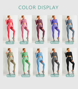 Fiess Sportswear Seamless Workout Yoga Set 5PCS Top corto de manga larga Sujetador Pantalones cortos Leggings Pantalones para correr Entrenamiento Color sólido - Product Image 3