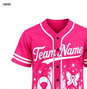 Camiseta de Béisbol Personalizada Unisex Corex, Transpirable, 100% Poliéster Sublimado, Uniforme de Softbol con Botones para la Concientización sobre el Cáncer de Mama - Product Image 4