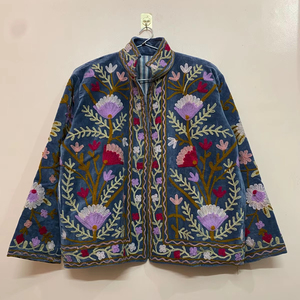 Boho Jacket, Hand-Embroidered Jacket, Velvet Suzani Jacket, Blue Pink Jacket, Bohemian Style Coat, <b>Winter</b> Fashion, Handmade Gift - Product Image 1