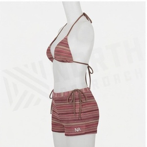 Ensemble bikini rayé à bretelles avec short à cordon de serrage, maillot de bain deux pièces pour femme, tenue de plage, logo Afrique du Nord sur le devant - Product Image 3
