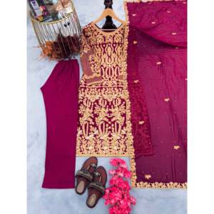 Ensemble de vêtements de soirée pour femmes de créateur Haut lourd en fausse georgette avec bas et look élégant Dupatta - Product Image 1