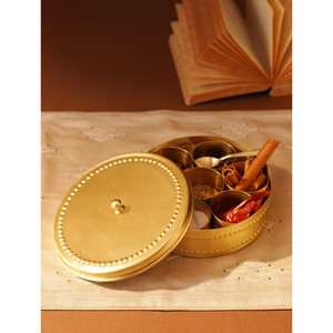 Handcrafted Pure Brass Masala Dabba Spice <b>Box</b> With Floral Embossed Lid 7 Detachable Compartment & Spoon Traditional Indian Spice - Product Image 4