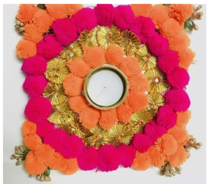 Handmade Circular Rattan Tea Light Holder With Colorful <b>Pom</b> <b>Pom</b> Floral Design Eco Friendly Home Decoration - Product Image 4