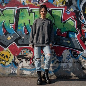 เสื้อสเวตเชิ้ตสไตล์กรันจ์ แอซิดวอช สำหรับฤดูหนาว สีเทาชาร์โคล ชายเสื้อแบบดิสเทรส ทรงโอเวอร์ไซส์ คอกลม ผ้าเทอร์รี่คอตตอน ไม่หดตัว - Product Image 1