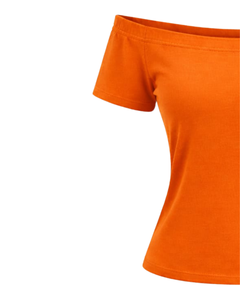 T-shirt femme orange vif à épaules dénudées, manches courtes, coupe ajustée, décontracté, été, en coton doux, personnalisable, fabricant OEM - Product Image 3