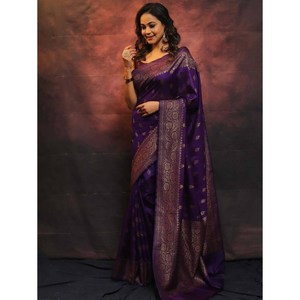 DESIGNER LICHI SOIE TISSANT TRAVAIL SAREE AVEC CHEMISIER NON COUDU VIOLET - Product Image 1