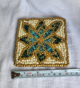 Handmade Beaded <b>Bar</b> <b>Mat</b> Luxury Vintage Style Crystal Mosaic Design Gold White Green 4 Inch Square Drinkware Accessory - Product Image 1