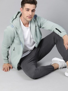 Veste polaire à capuche vert clair pour homme, fermeture éclair sur le devant, couleur unie, respirante, en polyester tricoté, pour l'automne - Product Image 4