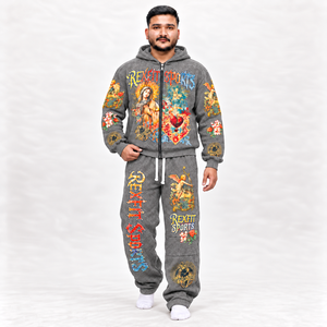 Ensemble de survêtement gris à imprimé graphique unisexe, sweat à capuche zippé et pantalon large, étiquette personnalisée, streetwear coloré, vente en gros - Product Image 2