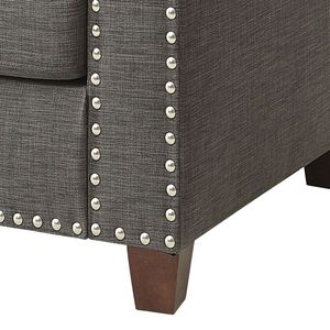 Poltrona con Braccioli Svasati in Tessuto Grigio Chiaro con Cuscini Decorativi per Soggiorno - Product Image 5