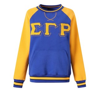 Sweat-shirt à col rond en chenille avec lettres grecques Sigma Gamma Rho pour femme, bleu et jaune, avec poche raglan, pull de sororité - Product Image 1