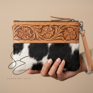 Cowgirl Tooled Leather & Cowhide <b>Wristlet</b> Clutch Wallet Handmade Floral Embossed Zipper Pouch for Women Genuine Leather Bag - Product Image 2