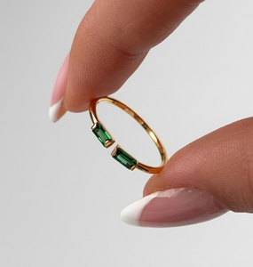 925 Sterling Silver 14K <b>Gold</b> Vermeil Minimalist Stackable Engagement Open Green Baguette CZ Bezel <b>Set</b> Christian <b>Ring</b> Jewelry - Product Image 1