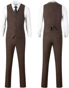Costume trois pièces en coton marron pour homme, style britannique, formel, croisé, col à revers, plissé, infroissable, haute qualité - Product Image 4