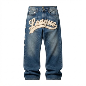 Jean en denim brodé coupe droite taille haute coupe régulière délavé en coton style streetwear pour homme printemps - Product Image 1