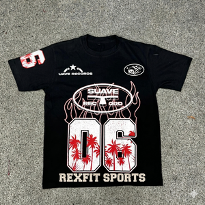 Camiseta Negra con Lavado Ácido Personalizada REXFIT SPORTS para Hombre, Corte Holgado, Estilo Urbano, Cuello Redondo, OEM - Product Image 2
