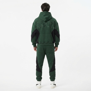 Ensemble survêtement personnalisé pour homme, vert foncé avec empiècements noirs, en molleton de coton, style streetwear, vente en gros OEM - Product Image 2