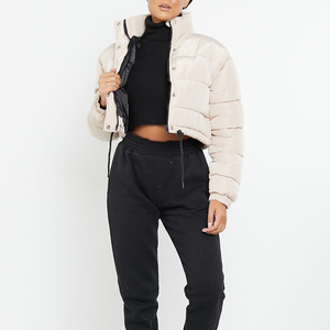 <b>Women's</b> <b>Beige</b> Quilted Puffer <b>Jacket</b> Stand Collar Full Sleeve Winter Short Length Zipper Closure Thick Polyester Wadding <b>Jacket</b> - Product Image 5
