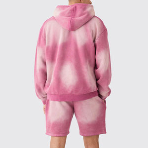 Ensemble de survêtement unisexe rose tie-dye à capuche, manches longues, décontracté, en polaire, avec fermeture éclair, couleur dégradée, logo frontal et short – Vente en gros - Product Image 2