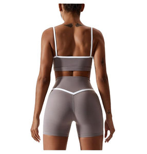 Women's Solid <b>Navy</b> Blue 2-Piece Sports <b>Set</b> Square Neck Crop Top High Waisted Shorts Breathable 100% Cotton Knitted Fitness Wear - Product Image 6