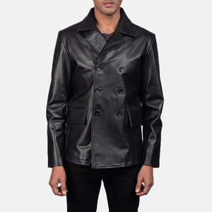 Veste en cuir véritable noire pour homme, style tendance, col rabattu, double boutonnage, vêtement décontracté pour l'automne - Product Image 5