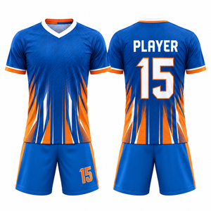Uniforme de Fútbol Personalizado Azul y Naranja con Diseño Geométrico Sublimado, Transpirable, 100% Poliéster, Manga Corta, Corte Regular para Hombre Adulto - Product Image 1