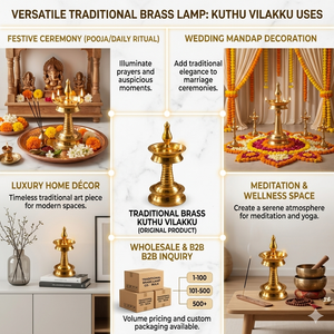 Lampe à huile traditionnelle en laiton Kuthu Vilakku, Diya indienne du Kerala pour la décoration des temples et des maisons, Diwali, fabricant en gros - Product Image 2