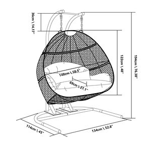 Sedia a dondolo doppia in vimini per 2 persone con supporto e cuscino blu polvere (Nero e Blu Polvere) per uso esterno - Product Image 6