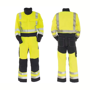 Overol de Trabajo de Algodón Transpirable de Alta Visibilidad con Franjas Reflectantes Amarillo y Negro, Uniforme Industrial para Uso en Fábrica - Product Image 1