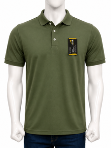 Chemise pour homme en polyester vert olive à manches courtes, couleur unie, décontractée, avec poche avant, logo imprimé, tissu jersey respirant, ODM - Product Image 1