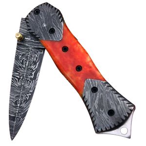 Couteau de chasse artisanal à lame fixe motif Damas, manche en bois naturel et étui en cuir pour le camping, la randonnée et les activités de plein air - Product Image 1