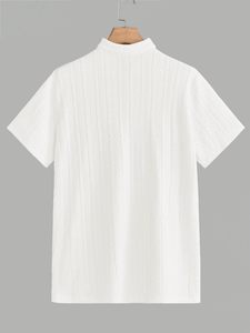 Polo à manches courtes pour homme, blanc, couleur unie, tissu tissé, fermeture éclair sur le devant, style décontracté, longueur normale - Product Image 3