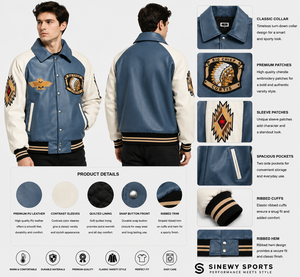เสื้อแจ็คเก็ตวาร์ซิตี้ผู้ชาย SINEWY SPORTS ผ้าฝ้ายสีน้ำเงินสำหรับฤดูหนาว แขนเสื้อตัดสี ปักลาย ดีไซน์ซิปด้านหน้า ผลิตจากโพลีเอสเตอร์ 100% - Product Image 1