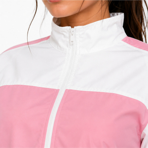 Ensemble sportif 2 pièces pour femme, rose et blanc, avec short et veste coupe-vent à manches longues et col montant, respirant, printemps-été - Product Image 4