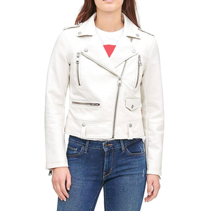 White genuine Leather Moto Jacket Women Stand Collar Full Sleeve <b>Zipper</b> Closure Solid Color Autumn Wear Custom logo leather - Product Image 3