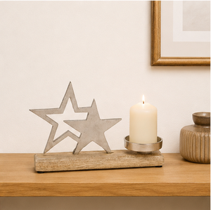 Handmade Christmas Aluminum Double Star Candle Holder With Mango Wood Base Elegant Silver Metal <b>Tea</b> Light <b>Stand</b> Centerpiece - Product Image 4