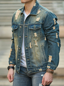Veste en jean unie pour homme, effet vieilli, avec poche avant, boutons, manches longues, style vintage, entièrement personnalisable - Product Image 2