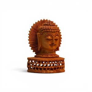 Estatua de Buda de madera hecha a mano con red de malla |   Escultura Decorativa de Cabeza de Buda |   Decoración Zen Asiática para el Hogar y la Oficina, Decoración Espiritual para Diwali - Product Image 4