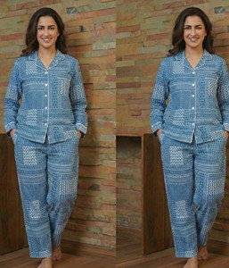 Ensemble de pyjama en coton indigo fait main, imprimé au bloc, pour la détente, les soirées, les vacances et la nuit - Product Image 6