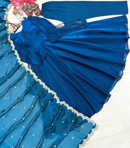 Conjunto de traje Anarkali azul largo hasta el suelo con dupatta de georgette y red bordada, protección solar, ropa étnica para mujer para bodas y festivales - Product Image 4
